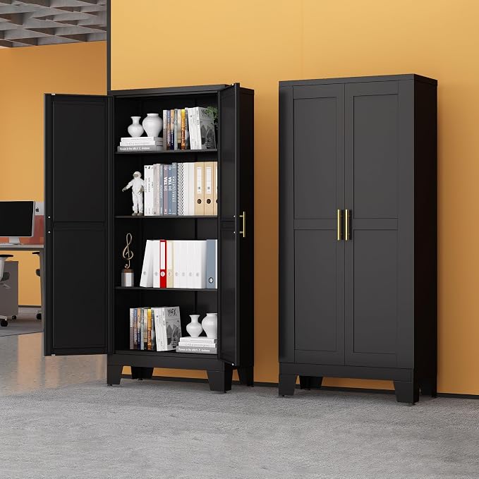 Black Metal Storage Cabinet, 61" Kitchen Pantry Cabinets for Office | Steel Kitchen Pantry Storage with Doors and 3 Adjustable Shelves, Metal Tool Cabinet, for Office, Home, Garage, School