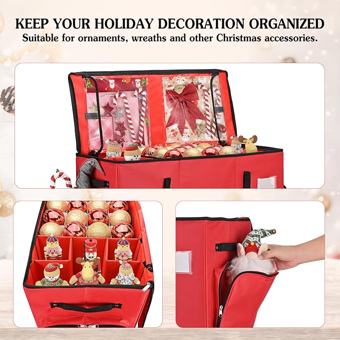 2-in-1 Christmas Ornament Storage Box & Xmas Figurine Container, Premium Christmas Ornament Storage Container - Holds Up to 64pcs-3” Ornaments, Adjustable Dividers, 4 Individual Trays -Red