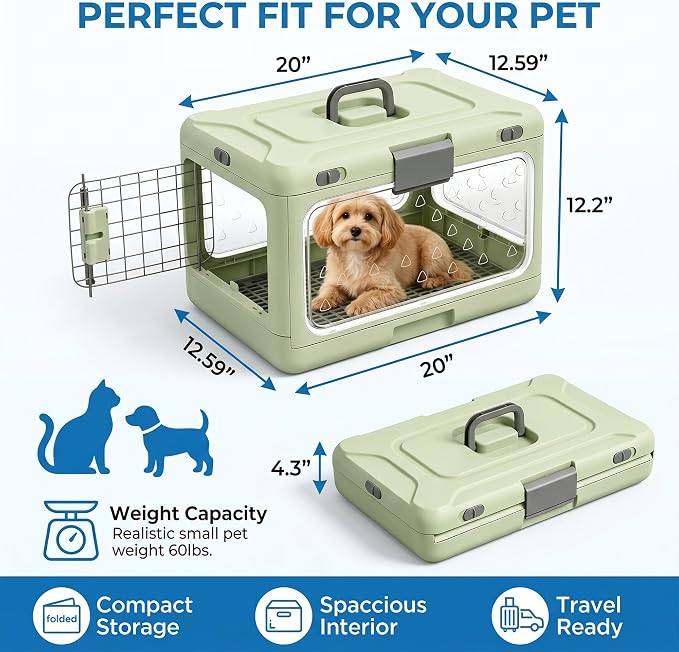 Foldable Hard Cat Carrier, Transparent Pet Crate for Cats & Small Dogs, Collapsible Travel Kennel with Ventilation & Urine Pad Mesh Grid, Portable Travel cage, Essential for pet Travel, Green