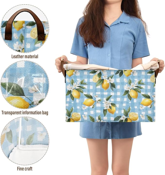 Light Blue Checkered Floral Lemon Storage Basket Foldable Cube Storage Bins with Handles&Label Waterproof Collapsible Organizer Box Bin Large Rectangle Decorative Baskets for Shelves Home Room Laundry