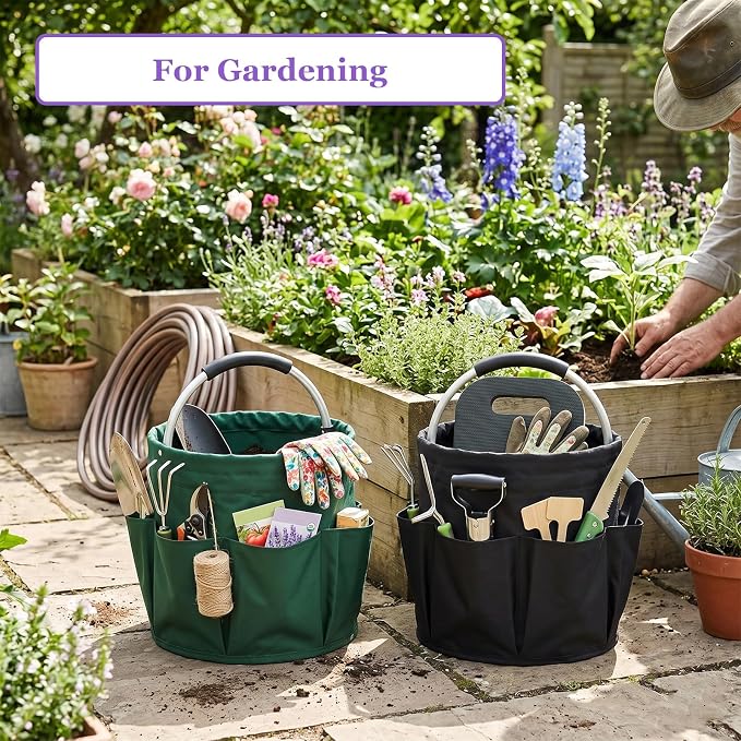 2PCS Cleaning Caddy, 17L Collapsible Cleaning Supply Caddy with Handle, Foldable Tool Bucket Organizer with Outer Pockets, Storage Basket for Travel, Housekeeping, RV, Green + Black