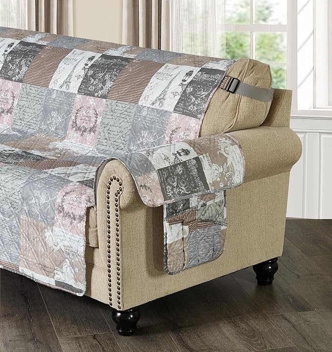 Brilliant Sunshine Latte Grey Paris & Toile Ruffle Pillowshams Set, 18"x18" | Patchwork Design with Ruffles, Quilted Pillow Covers, Washable Throw Cushion Cases for Couchs and Beds, Pack of 2