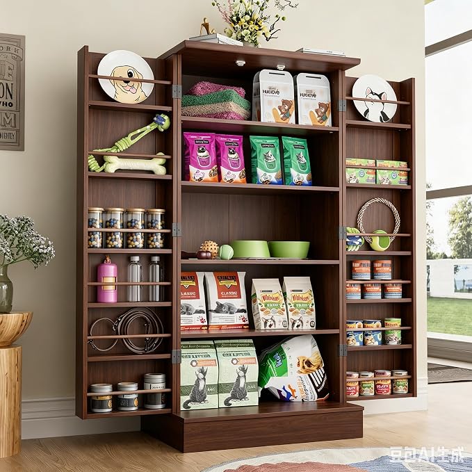 Saudism 47" Dog Food Storage Cabinet with Doors and Adjustable Shelves | Freestanding Pet Storage Container Organizer for Living Room and Dinning Room, Walnut