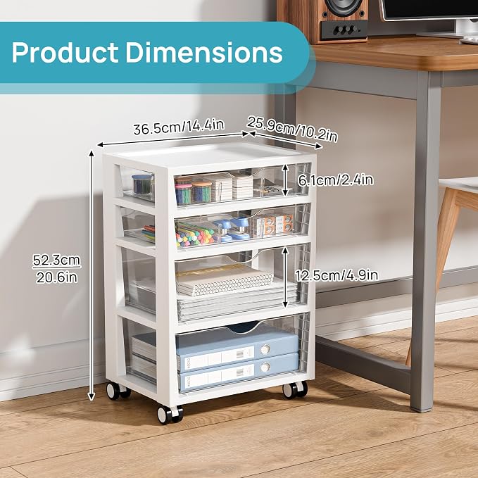 Vtopmart 4-Tier Plastic Drawer Storage Rolling Cart with Wheels | Clear Drawers, Multiple Size Storage, Visible Organization, Sturdy Design, Under Desk, Office, Makeup, Crafts & Art Storage