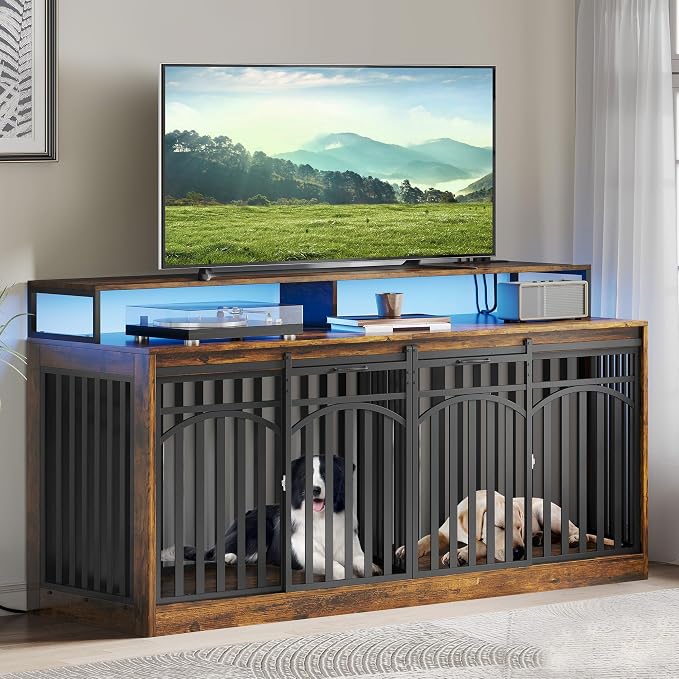 DWVO 71" Double Dog Crate Furniture with LED Light & Power Outlets | Heavy Duty Dual Dog Kennel TV Stand w Shelves & Sliding Doors, Wooden Dog Cage Table 2 Medium Large Dogs, Rustic Brown