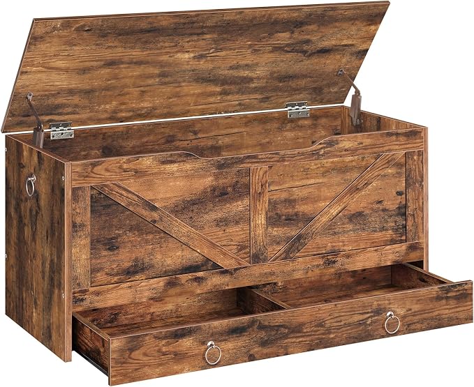 HOOBRO Storage Chest, 39.3" Toy Chest with Drawer, Wooden Storage Bench, Sturdy Entryway Bench Supports 220 lb, Shoe Bench, Safety Hinge, U-Shaped Opening, Easy Assembly, Rustic Brown FG710CW01G2