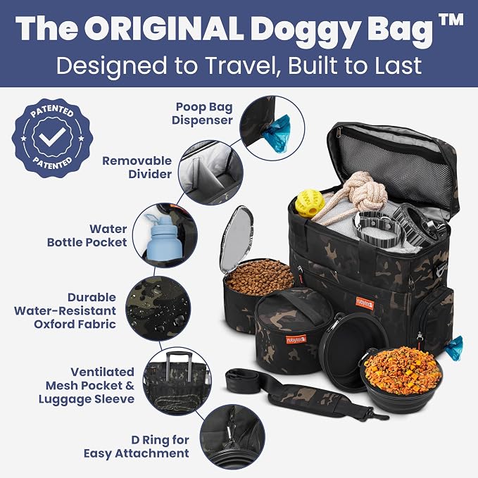 Original Doggy Bag™ Dog Travel Bag for Supplies with Travel Bowls | 2 BPA-Free Collapsible Bowls, 2 Pet Food Containers, TSA-Ready, Road Trips, Camping, Weekend Getaways, Doggy Gift, Camo