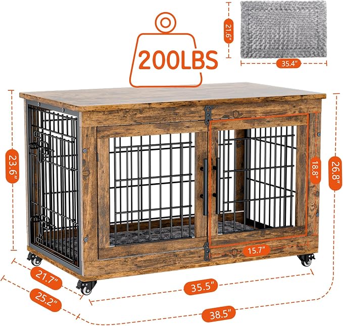 Large Dog Crate Furniture, 38'' Heavy Duty Wood Kennel w/Cushion & Wheels | Rustic Brown, Double Doors, Wooden Dog Cage, Chew-Resistant, End Table, Decorative, 27"/32"/38"/44" Options, Indoor