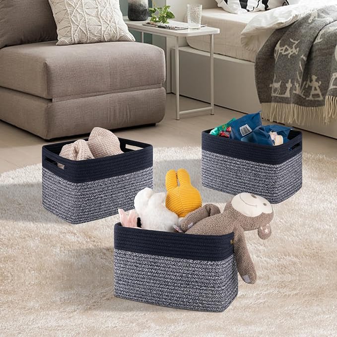 4 Pack Storage Baskets for Organizing, Woven Baskets for Shelves - Perfect for Toys, Books, Towels, and Clothes, Durable Gift Basket Bins Toy Storage, 12.7''L x9''W x7.8''H, Blue and Grey