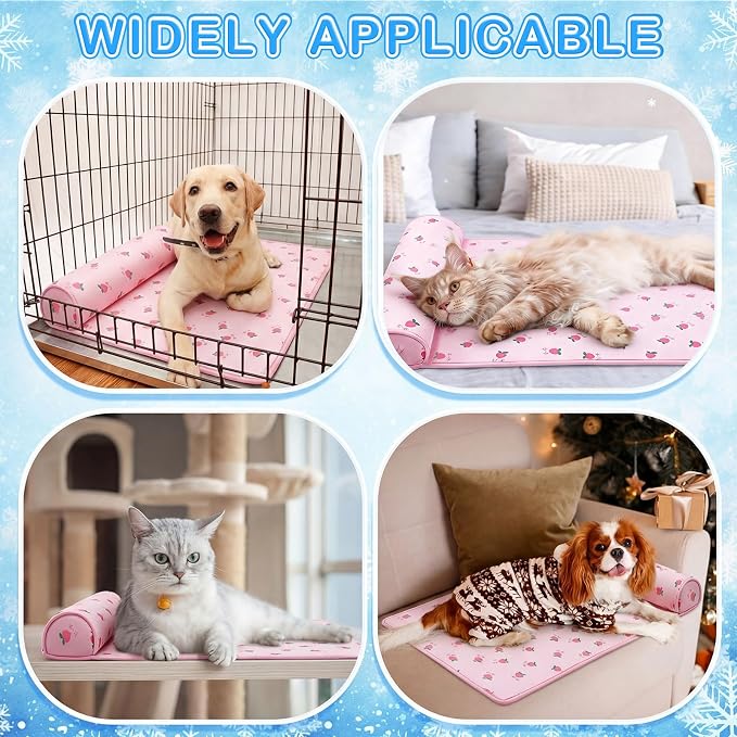 DoubleFill 4 Pack Cooling Pet Mats 15.7" x 23.6" Cooling Dog Beds with Supportive Pillow Self Ice Washable Cool Pads Summer Cat Sleeping Pad with Storage Bag for Summer Crate Floor (Small, Pink)