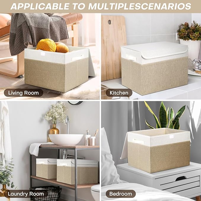 Large 42 Quarts Fabric Storage Bins with Lids [2-Pack] Linen Collapsible Foldable Baskets, Closet Organizer Containers boxes with Handles for Home Office (16.7 x 12 x 12, Beige & White)