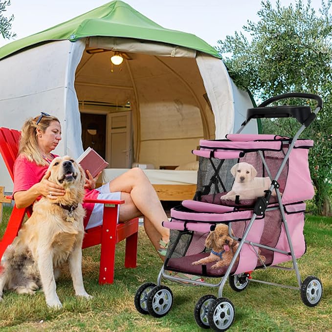 HHS Pet Strollers for 2 Dogs and Cats, Double 4 Wheel Doggie Small Medium Pets with Safety Belts Folding Portable Carriage Cart Storage Basket Travel Jogger, Pink, pinck, 30 x 19 40 Inch