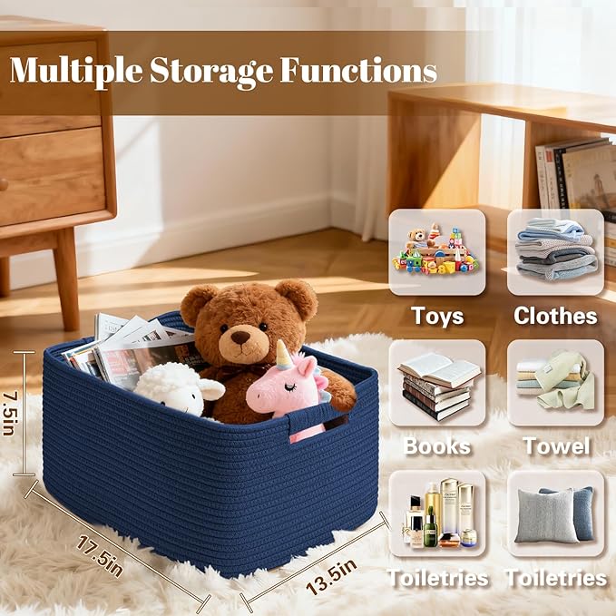 2 Pack Large Storage Basket for Organizing, 17.5"x13"x7" Woven Basket for Shelves, Closet Cube Storage Bins with Wrapped Handle, Cotton Rope Baskets for Kitchen, Clothes, Toys(Navy Blue)