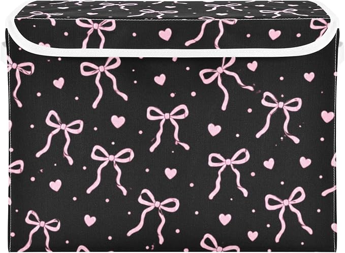 Bow Heart Storage Bins with Lids Closet Bedroom 40L Fabric Bin | Decorative Storage Boxes, Foldable & Stackable, Dust-Proof Flip Top, Reinforced Handles, For Home & Dorm, Clothes & Toy Box