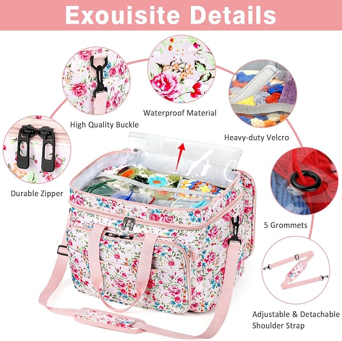 Crochet Organizer Bag with Yarn Holder, Large Yarn Storage for Accessories | 3PCS Crochet Knitting Bag with Accessory Pouch for Hooks, Needles, Travel Tote, Crochet Lovers, Gift for Crafters, No-Tangle