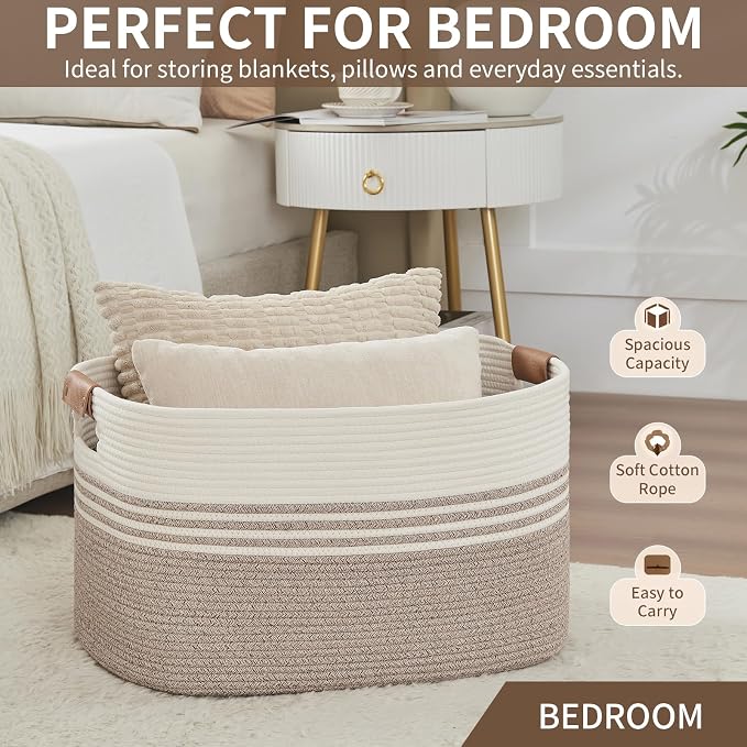 Laundry Hamper with Handles, 72L Rope Laundry Basket, Light Brown | Cotton rope clothes hamper with leather handles holds blankets, pillows, toys and laundry in nursery, bedroom or living room