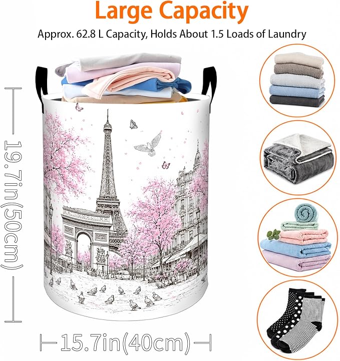 Eiffel Tower Laundry Basket, Paris Street Cherry Blossom Oxford Cloth Dirty Clothes Collapsible Hamper for Room Decor, Travel Gifts, Toy Organizer 19.7 x 15.7 Inches for Bedroom Bathroom Dorm
