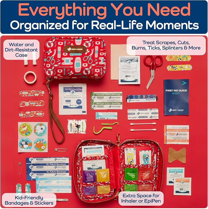 KeepGoing Travel First Aid Kit for Kids, 130 Pc. TSA-Approved Travel Size | Toddler First Aid Kit, Mini First Aid Kit for Car, Home, Purse, Diaper Bag & Backpack, Latex-Free Bandages