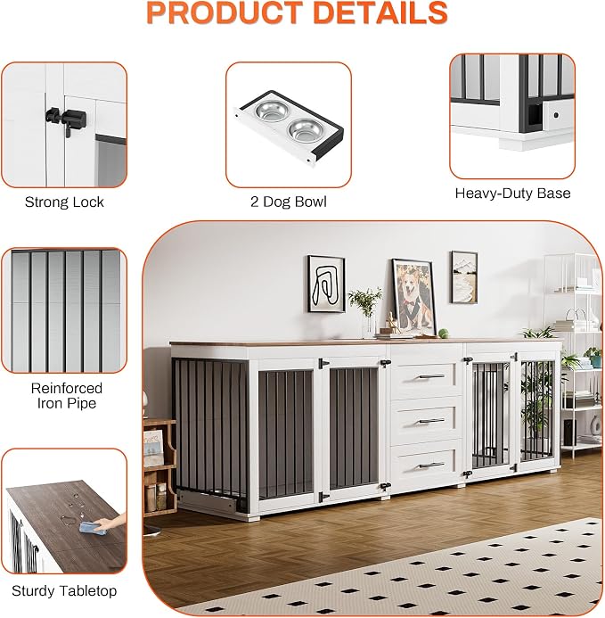 Rophefx 94.5" Dog Crate Furniture for 2 Dogs, Wooden Kennel TV Stand, White | Indoor double dog house with 3 storage drawers, 4 feeding bowls, lockable doors, and a wide top for large and medium dogs