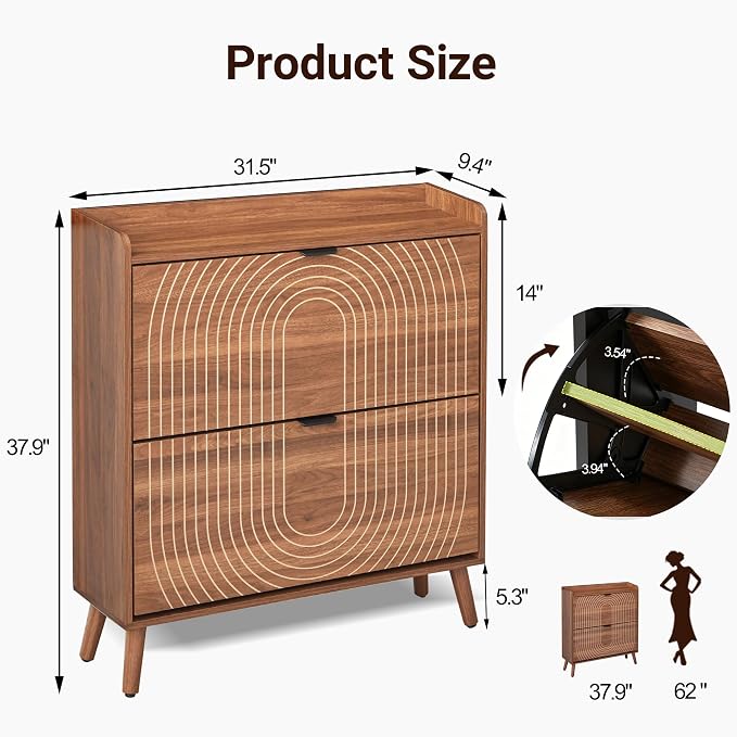 Arch-Chic Shoe Cabinet for Entryway with 2 Flip Door | Farmhouse, Walnut color, Adjustable shelves, Tabletop guardrail, Freestanding shoe storage cabinet, for Entryway/hallway