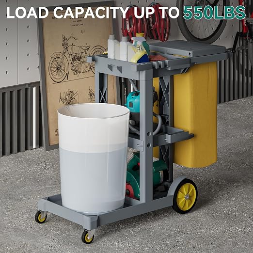 YITAHOME Grey Housekeeping Carts, Janitorial Cleaning Cart on Wheels | 3-Shelf Commercial Traditional Plastic Janitor Cart with Lid & 2 Yellow 25 Gallon Vinyl Bag, Mop & Broom Holders
