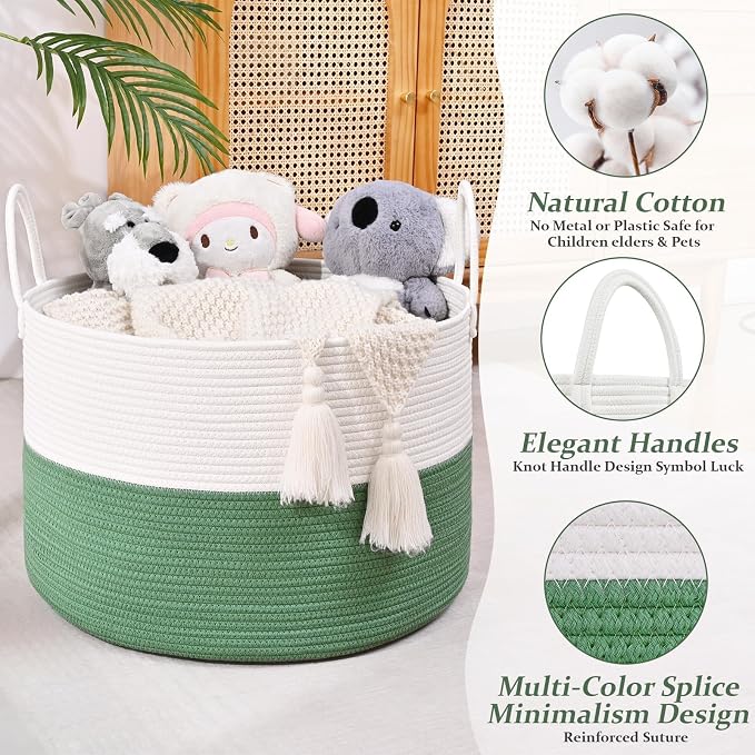 67L Large Woven Blanket Basket, Cotton Rope Baby Laundry Hamper with Handles, Kids Toy Basket for Classroom & Nursery, Soft Round Stuffed Animal Storage, Dog Toy Bin - 20"x13", Green