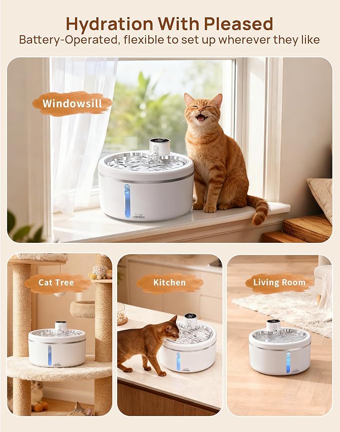 Wireless Cat Water Fountain [with Stainless Steel Tray], 84oz/2.5L Pet Fountain for Cats Inside, Cat Fountain for Drinking with Motion Sensor, Ultra Quiet for Small Animals-[BPA-Free]