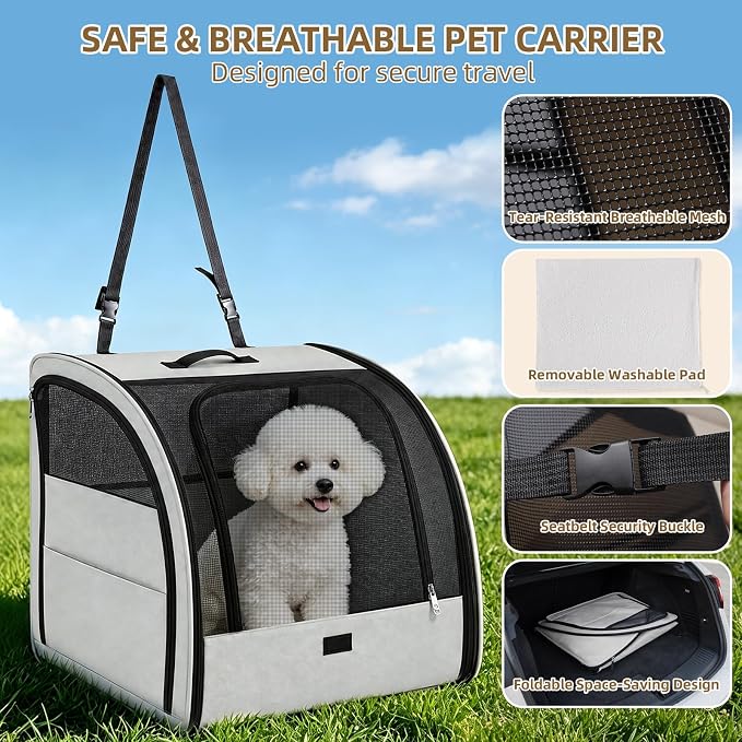 Dog Car Seat for Small Medium Dogs & Cats, Soft-Sided, Gray | Collapsible Pet Travel Carrier, Breathable Mesh, Car Kennel Secured with Seatbelt, Washable Pad, Enclosed Backseat Dog Crate