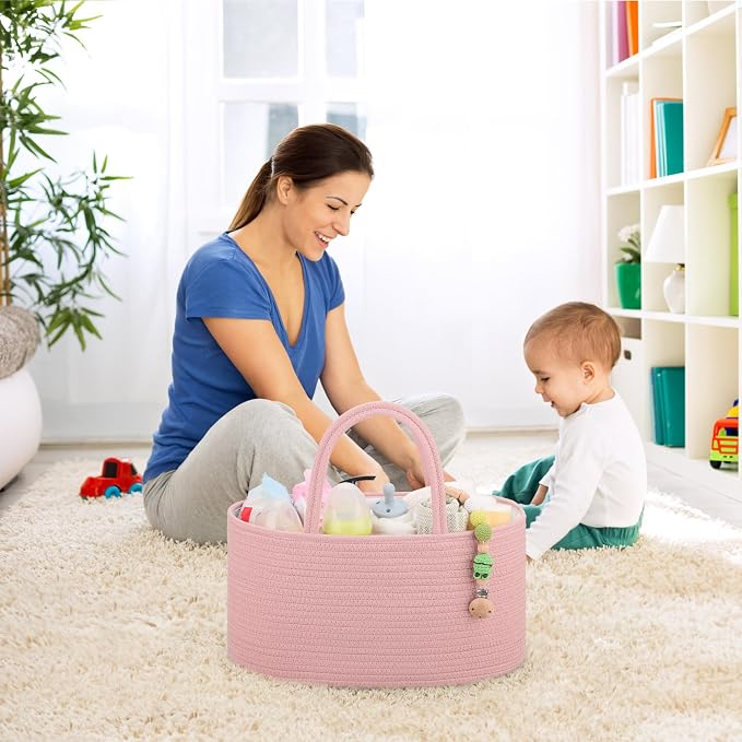 COMSE Large Cotton Rope Baby Diaper Caddy Organizer for Girls, Dusty Pink