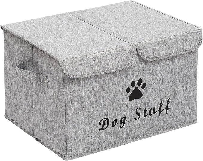 Large Dog Toys Storage Box Canvas Storage Basket Bin Organizer with Lid - Collapsible Linen Bin Ideal for Organizing Dog Cat Toys and pet stuff-PP Boad-17" x 12" x 10" - Snow Gray