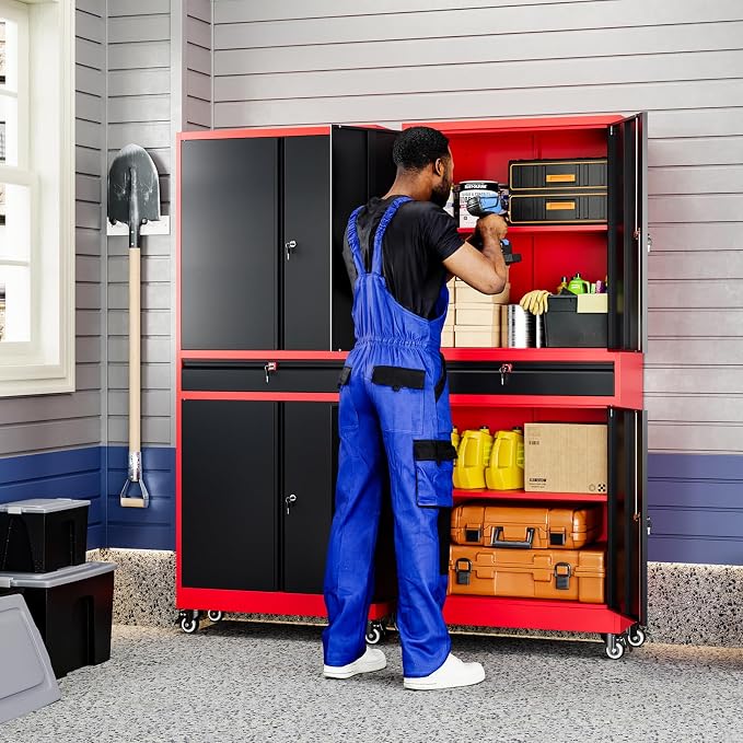 Metal Garage Storage Cabinet with Locking Doors and Adjustable Shelves,- 73" Rolling Tool Storage Cabinet with 4 Wheels and 1 Drawer for Garage,Warehouse (Red Black)