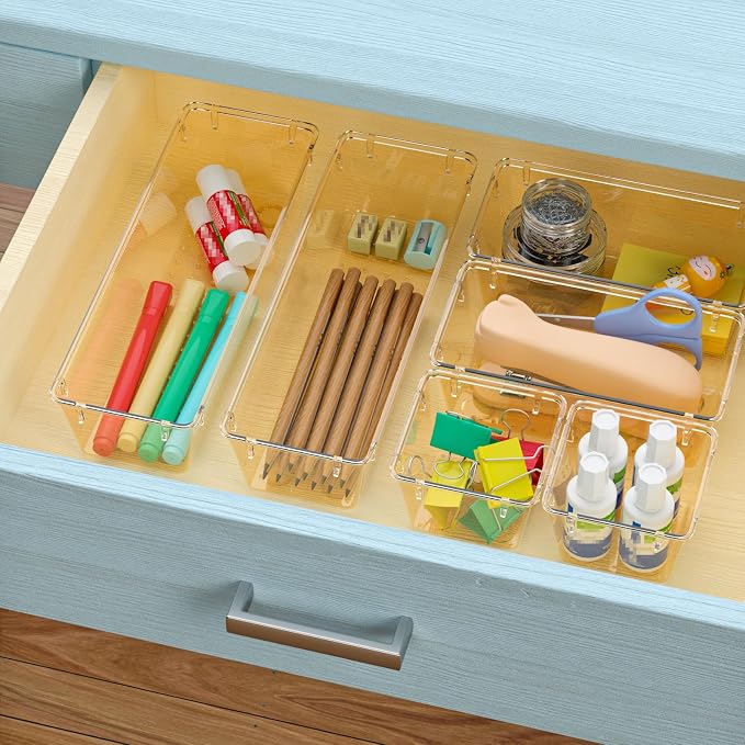 12 Pack Clear Drawer Organizer Set, Drawer Storage Trays, Storage Bins | Acrylic Drawer Storage Trays, Storage Bins for Makeup, Cosmetics, Jewelries, Utensils, Gadgets, Office