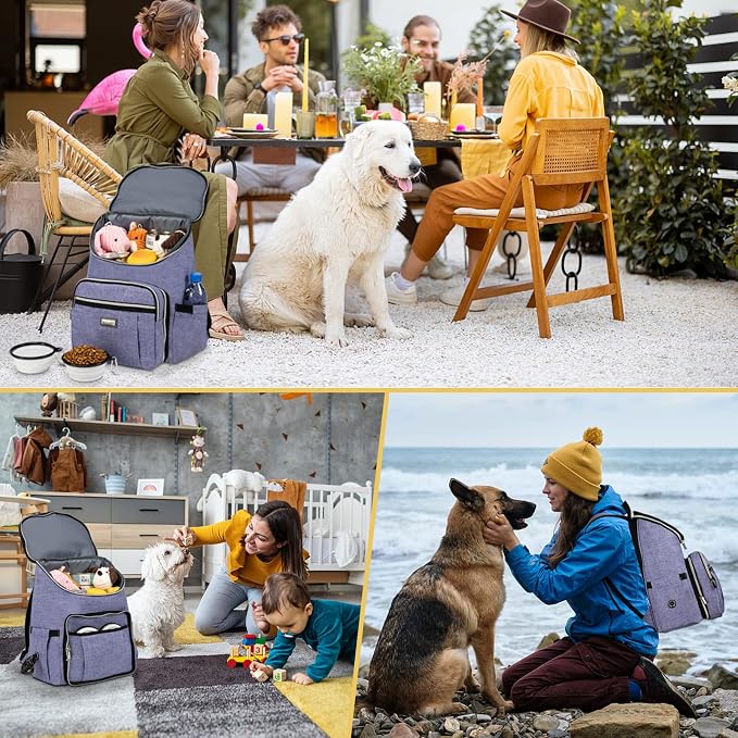 BAGLHER Travel Dog Backpack - Detachable Travel Dog Food Container for Pet Supplies Dog Gear Backpack,Dog Bag for Traveling with 2 Silicone Collapsible Bowls and 2 Food Baskets Purple