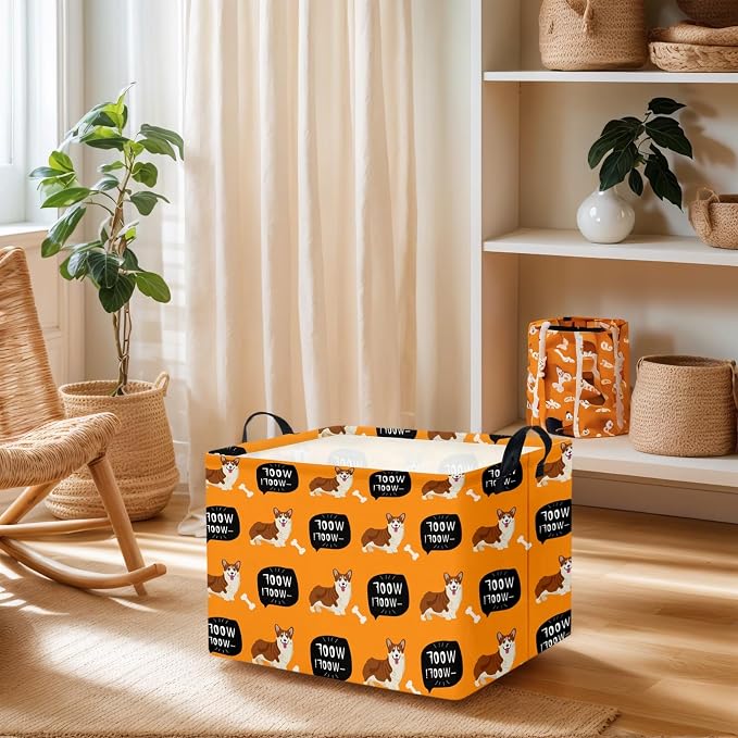 Woof Dog Basket Storage Bin, Orange | For Chew Toys, Pet Supplies Organizer, Pet Organizer, Dog Room Decor