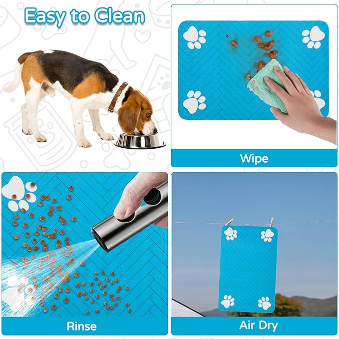Pet Feeding Mat-Absorbent Dog Feeding Mat for Food and Water Bowl,No Stains Pet Placemat,Quick Drying Water Dispenser Mat for Dog and Cat,Easy to Clean Dog Accessories(L,Blue)