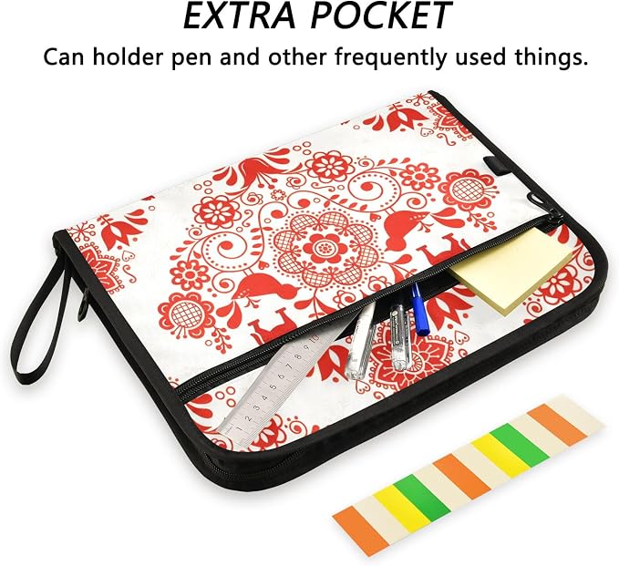 Red Nordic Folk Art Pattern Expanding File Folder with Sticky Labels, 13 Pockets Accordion File Folder Document Organizer Expandable Zip File Folder with Zipper Closure