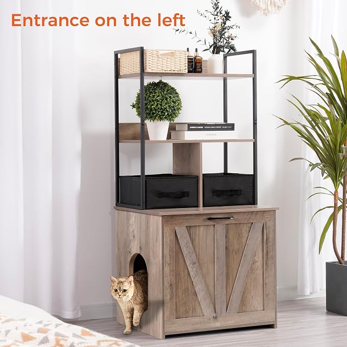 Dwanton Cat Litter Box Enclosure, 2 Storage Shelves and 2 Drawers, 50" H | 2-in-1 Hidden Cat Litter Box Enclosure Furniture with Shelf, Metal Frame, Reversible Entrance, Washable Drawers, Greige