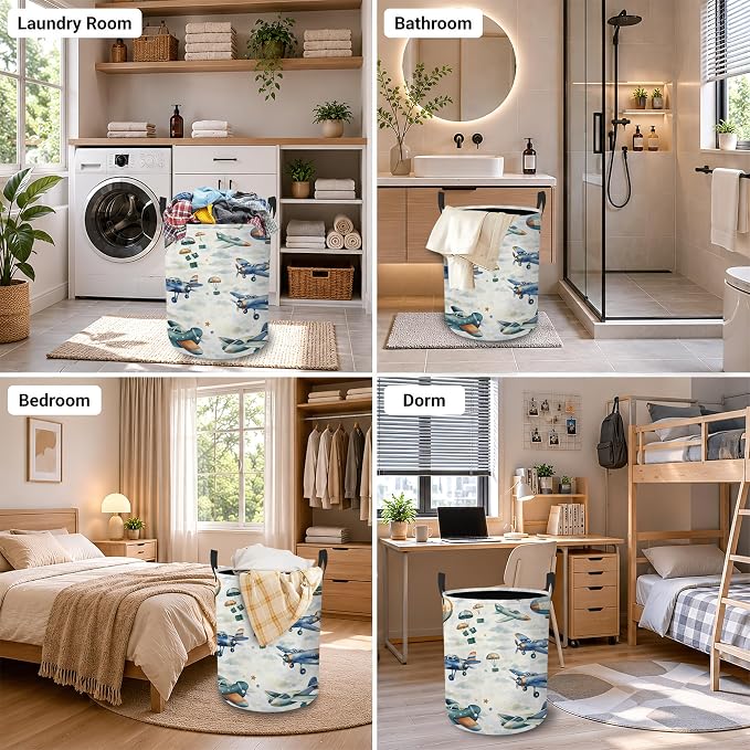 Vintage Airplanes Laundry Basket, Cloud Sky Collapsible Laundry Hamper Waterproof Oxford Cloth With Handles, Clothes Storage Bucket For Bathroom/Bedroom 16" x 20.8"
