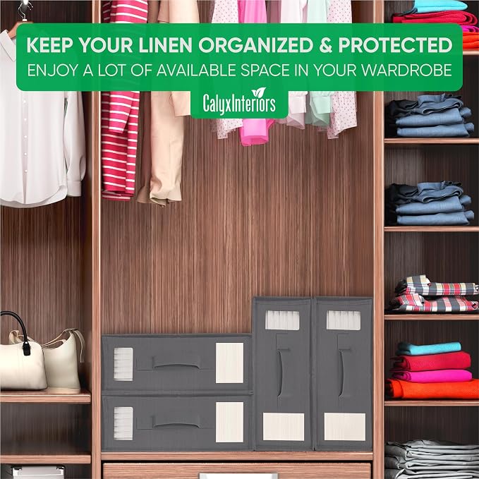Calyx Interiors Bed Sheet Organizers and Storage | Set of 2 | Reinforced Handle & Zipper | Clear Window & Labeling Slot | Protect Linens from Dust, Moisture & Pet Hair (Queen/King Size, Solid Gray)