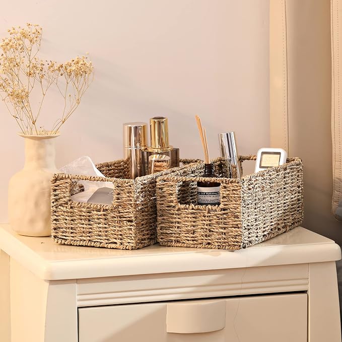 Wicker Storage Basket, Set of 2 Hand-Woven Storage Baskets for Organizing, Small Wicker Basket for Toilet Paper, Foldable Large Cube Storage Organizer Basket Bins for Shelves (Sea Grass)