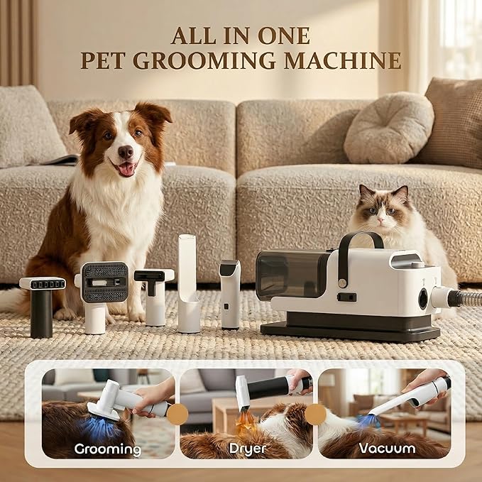 PawHut Dog Grooming Vacuum & Dryer, 5 in 1 Pet Grooming Kit with 50dB Low Noise Electric Clipper, 12Kpa Powerful Dog Vacuum for Shedding Pet Hair, Adjustable Speed & Temperature, 1.8L Canister