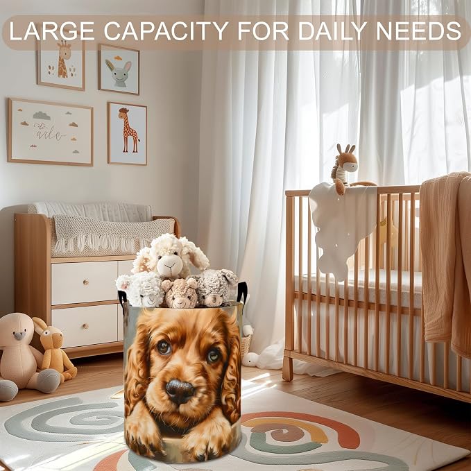 Puppy Dog Laundry Basket Hamper 19.7"x15.8", Cute Pet Animal Foldable Waterproof Oxford Clothes Storage Bucket for Room Bathroom Bedroom Nursery Decor, Toy Organizer Bins Gifts for Kids Boys Girls