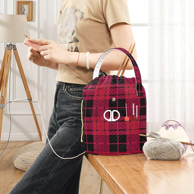 Tatenale Crochet Bag Yarn Bag Knitting Project Bag with Pockets and Handle Portable Yarn Storage Organizer Tangle Free 8.3x11 InchCheckered Red14