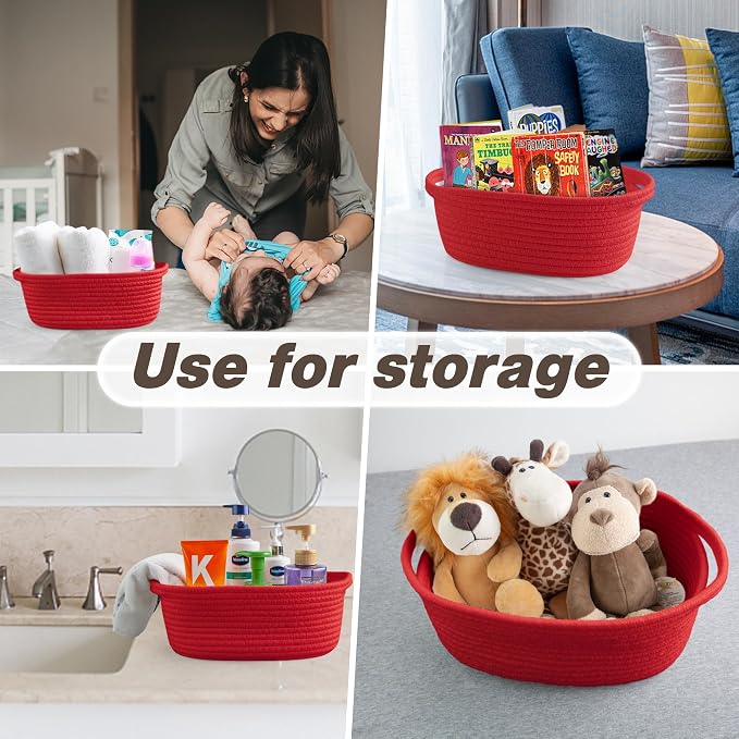Pro Goleem Small Woven Basket with Gift Bags and Ribbons Durable Baskets for Gifts Empty Small Rope Basket for Storage 12"X 8" X 5" Baby Toy Basket with Handles, Red
