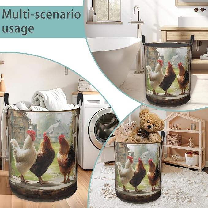 Retro FarmhouseRooster Laundry Basket With Handles Tote Bag Oxford Cloth Funny Laundry Hamper Clothes Storage Bucket Toy Organizer 16" X 20.8"For Bathroom/Laundry/Bedroom