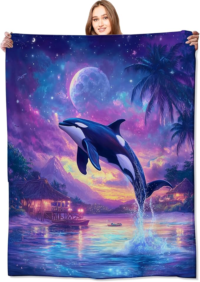 Whale Blanket Ocean Scene Throw Blankets with Night Sky & Tropical Paradise,Birthday Gifts for Kids Adult & Animal Lovers,Lightweight Soft Fleece,for Sofa Couch Bed Room Decor 50x60in