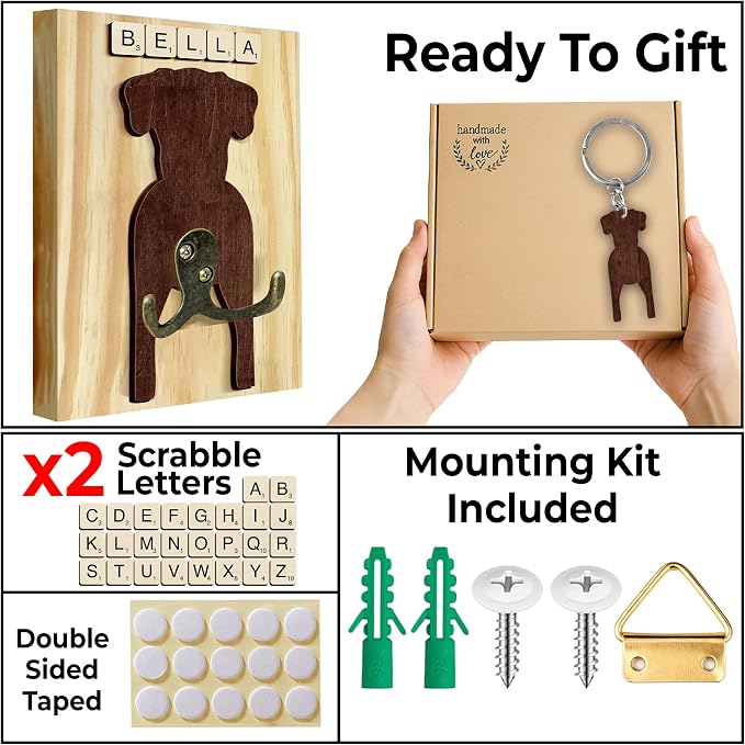Great Dane Dog Leash Holder Wall Mount with Scrabble Letters, Wooden Dog Wall Hook Organizer, Pet Collar and Harness Holder Entryway, Key Hook and Leash Rack, Gift for Pet Lovers, Home Decor PF297-40