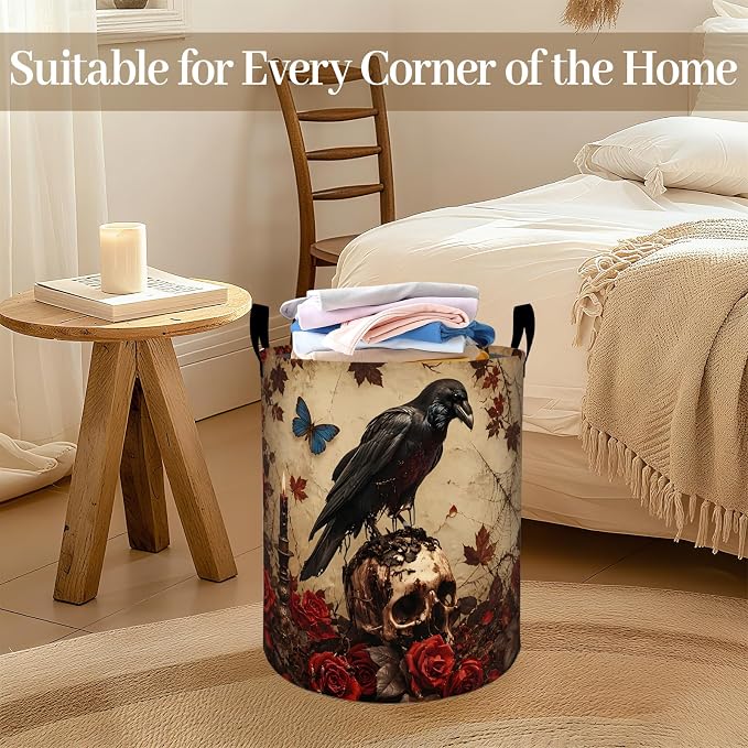 Gothic Raven Laundry Basket, Skull Rose Print Foldable Oxford Cloth, Waterproof Dirty Clothes Hamper with Handles, Clothing Storage Bin Toy Organizer for Bedroom Dorm Bathroom, 19.7"x15.7"