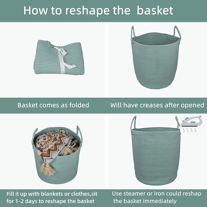 XUANGUO Cotton Rope Laundry Basket Hamper for Clothes Large Light Green | Baby Nursery Hamper Bin and Woven Storage Basket for Living Room Bedroom Boho Tall Rope Baskets Blankets Toys Pillows Towels
