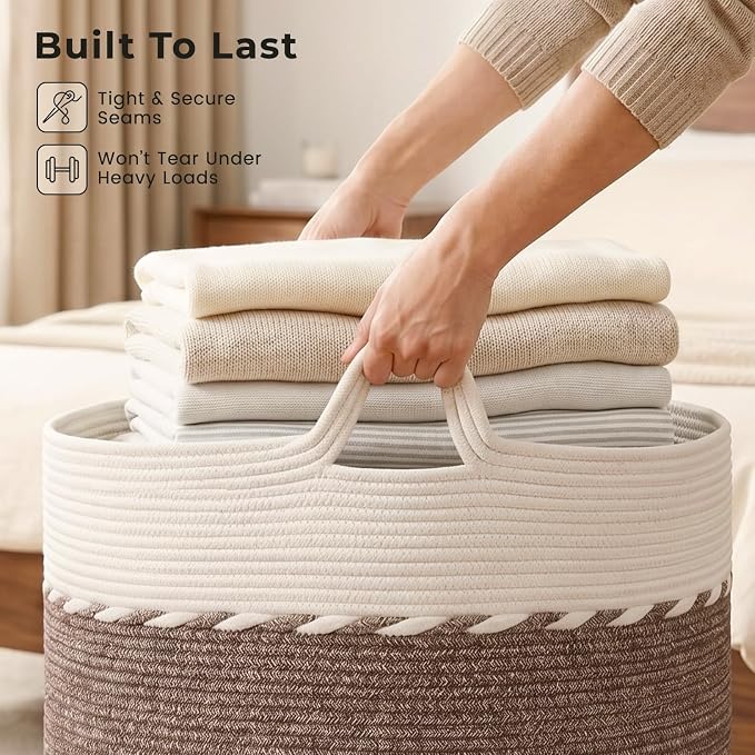 OIAHOMY 90L Extra Large Blanket Basket - Decorative Cotton Rope Storage Basket for Bedroom, Living Room & Nursery - Woven Laundry Hamper for Organizing Blankets, Clothes & Toys - Brown